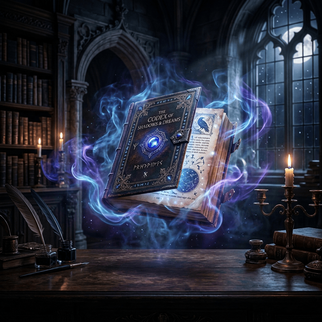 Open book labeled “THE CODEX OF SHADOWS & DREAMS” floating amid blue and violet magical smoke