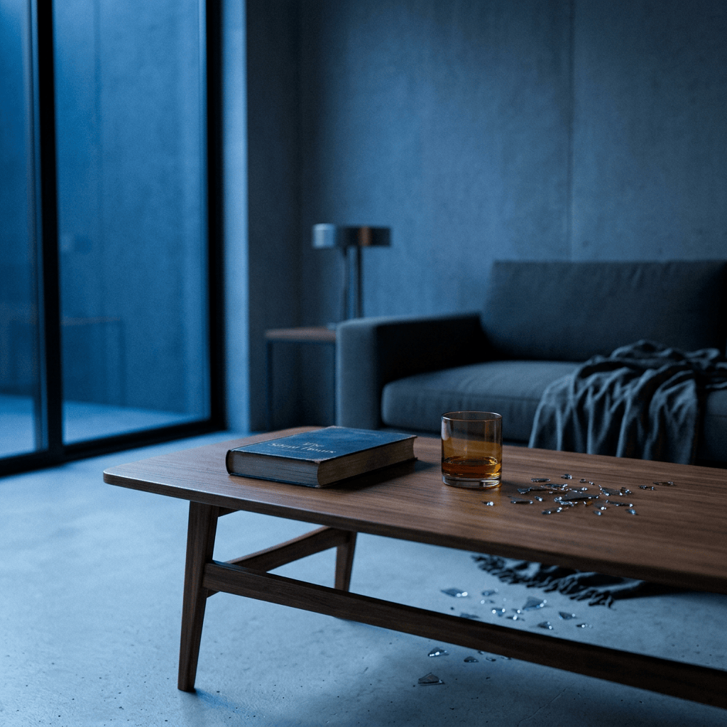 Book and whiskey glass on coffee table beside scattered broken glass