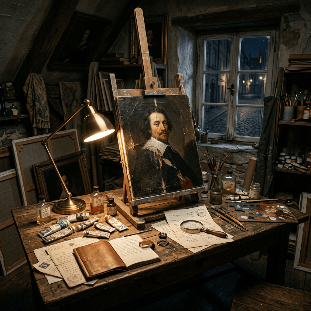Easel displaying a damaged historic portrait in a dimly lit artist studio