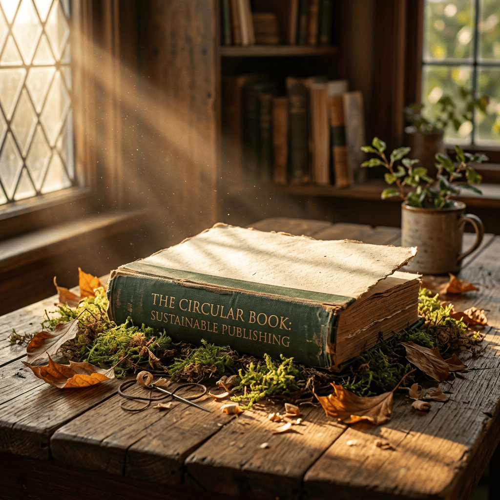 A worn book labeled The Circular Book: Sustainable Publishing on moss-covered table