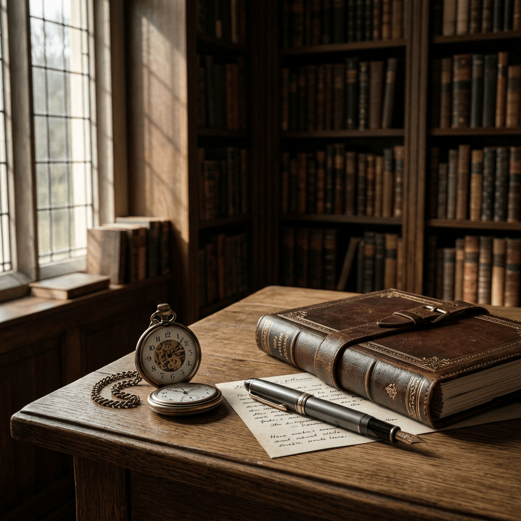 Antique pocket watch, handwritten letter, pen, and leather-bound book on wooden desk