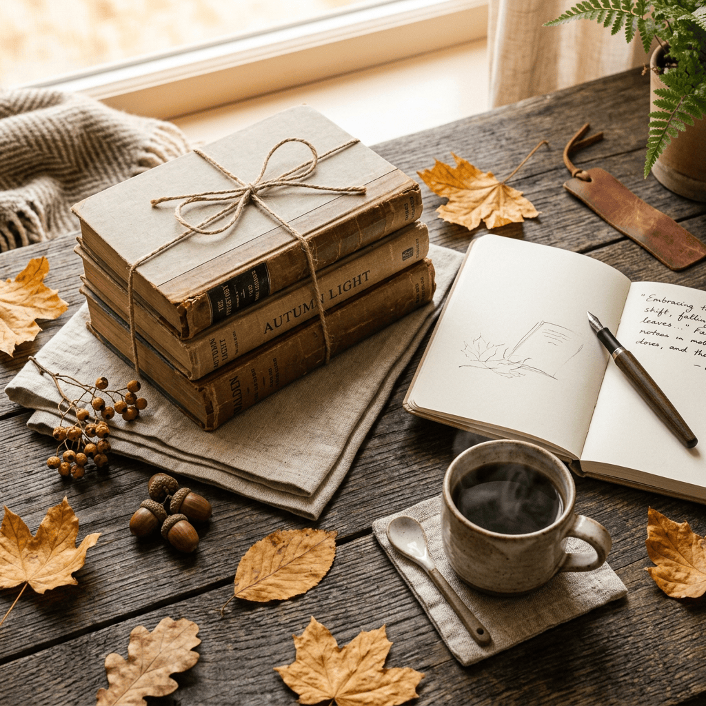 Vintage books, open journal, coffee, leaves, and autumn decor on a wooden table