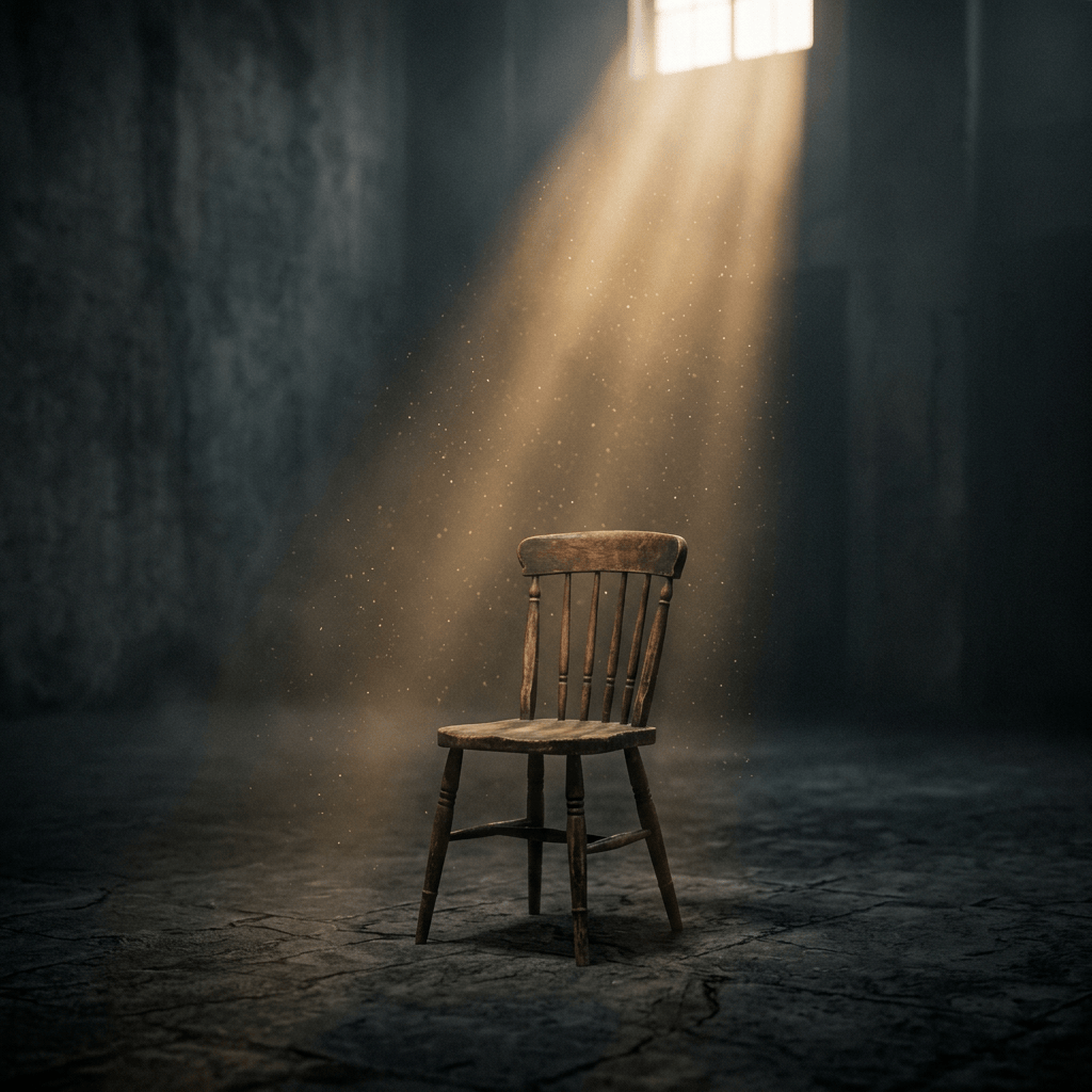 Worn wooden chair illuminated by sunlight in a dark room