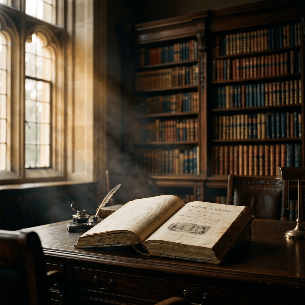 Open antique book on a desk in a library with bookshelves