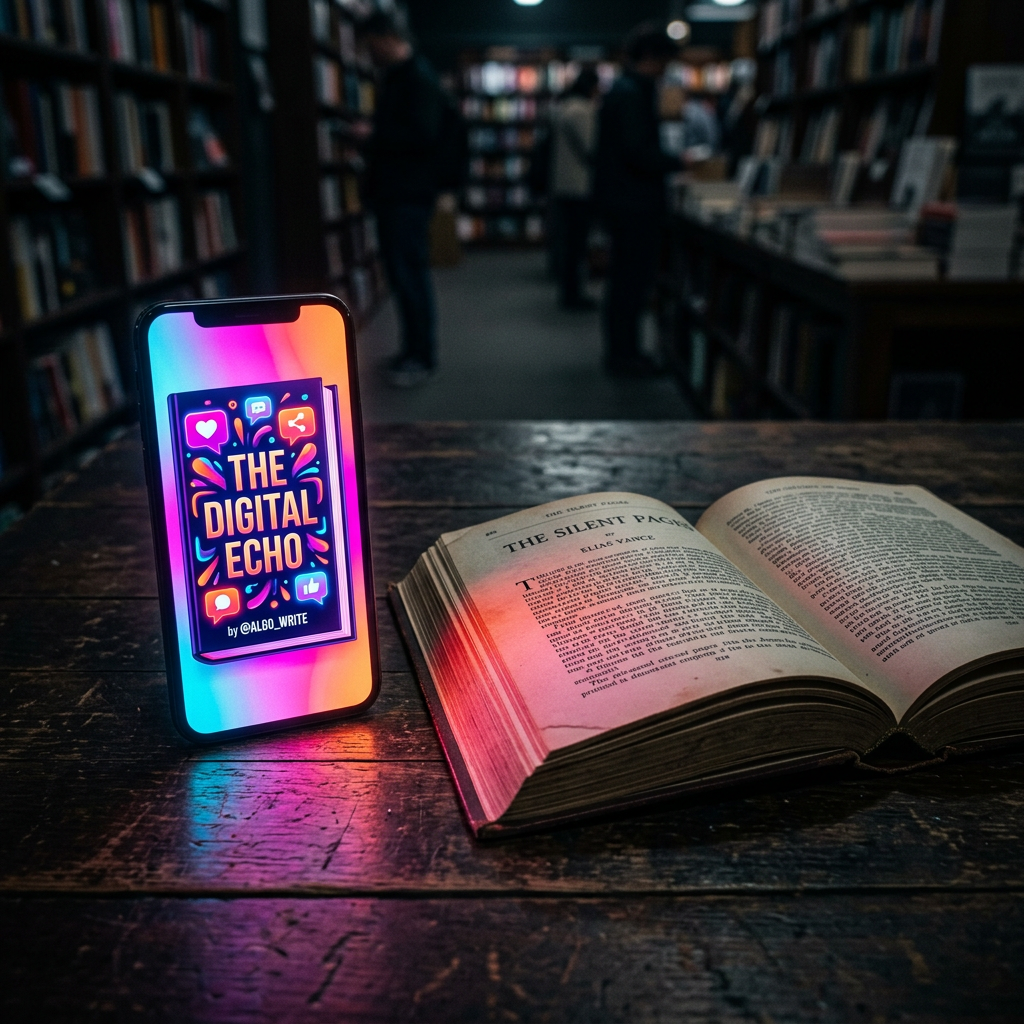 Phone displaying “The Digital Echo” beside an open book in a bookstore