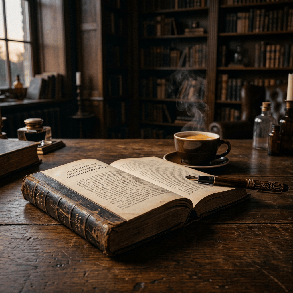 Open antique book beside steaming coffee on a wooden library table