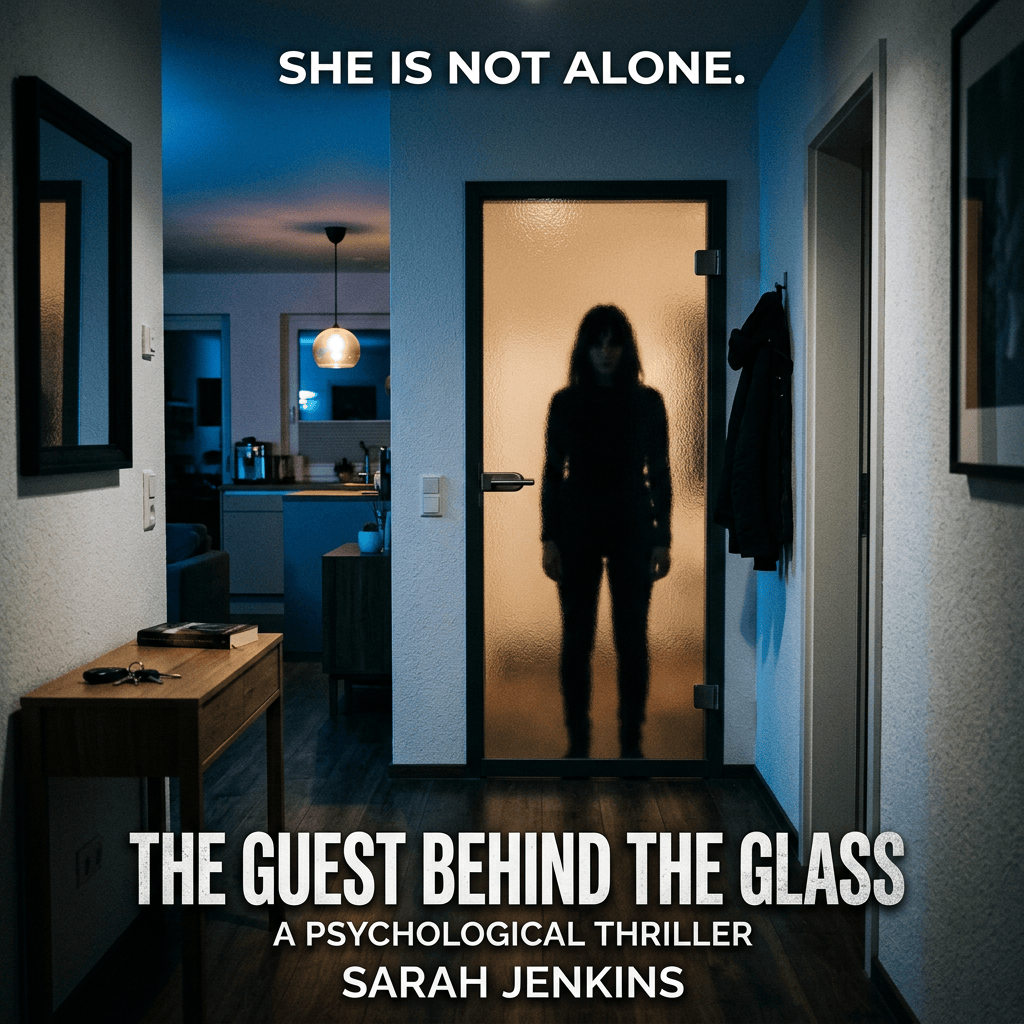 Book cover text: She Is Not Alone. The Guest Behind the Glass, A Psychological Thriller, Sarah Jenkins.