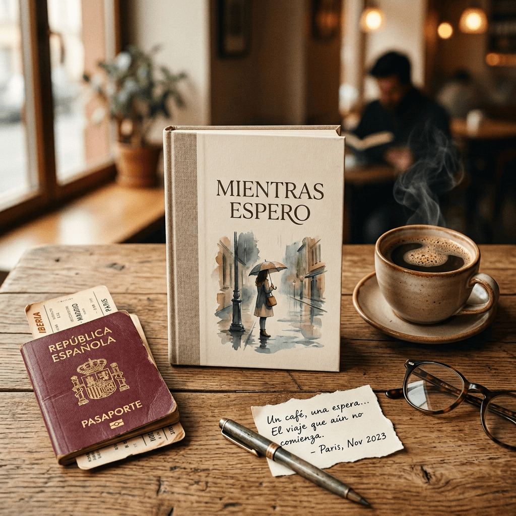 Book titled “Mientras Espero” by Elena Russo beside Spanish passport, tickets, coffee, glasses, and Paris note