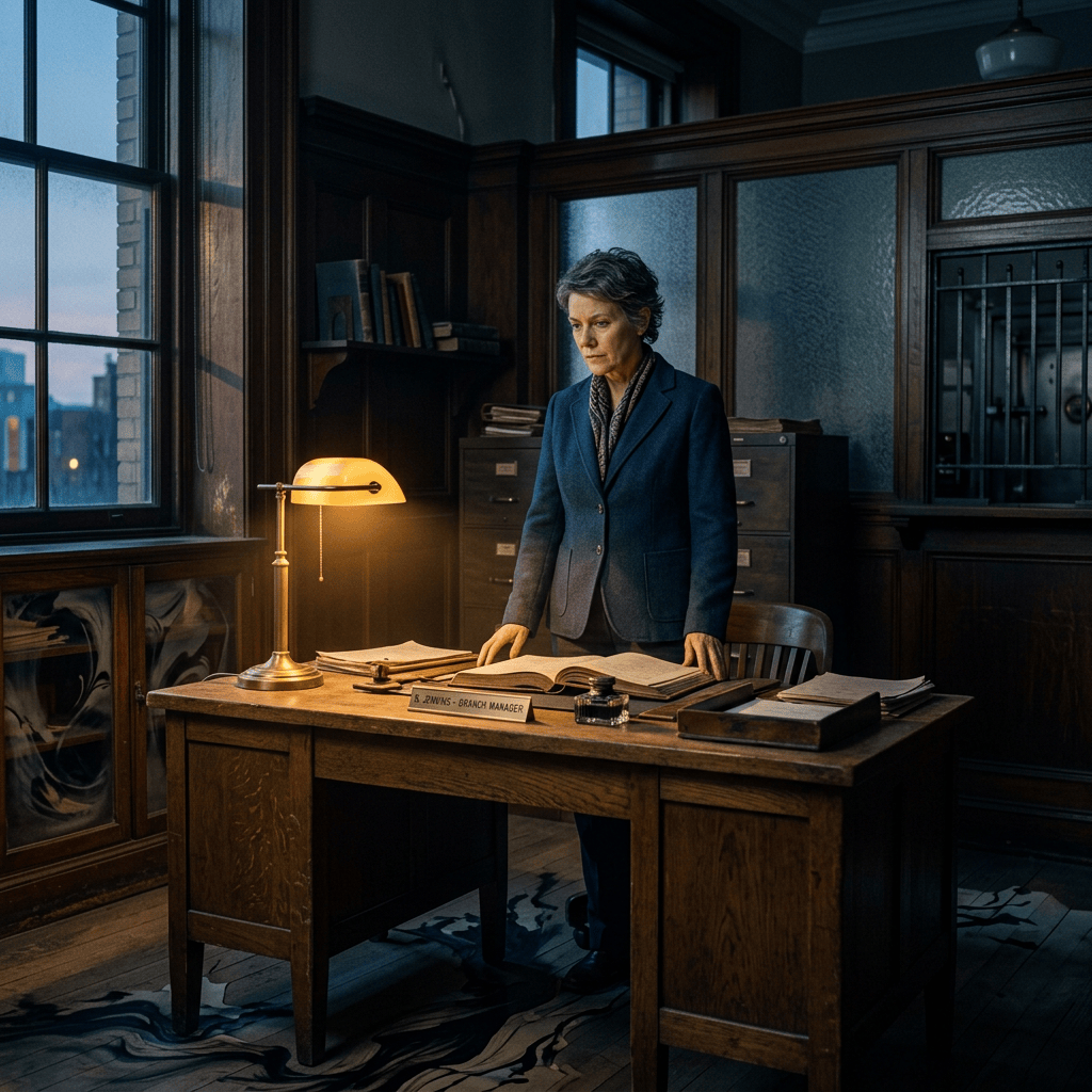 Branch manager standing behind a desk with paperwork and lamp