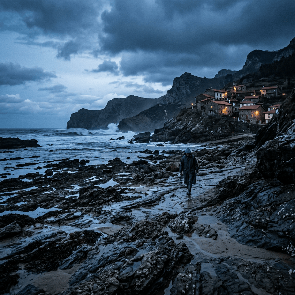 Lone person walking along a rocky shore beneath cliffs and village lights