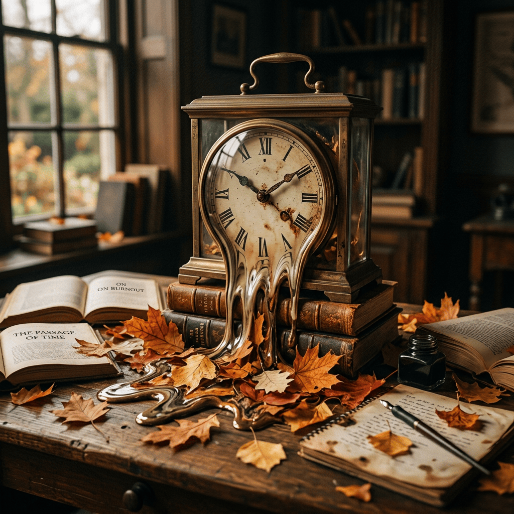 Melting antique clock among autumn leaves, books, and notebooks labeled “ON BURNOUT” and “THE PASSAGE OF TIME”