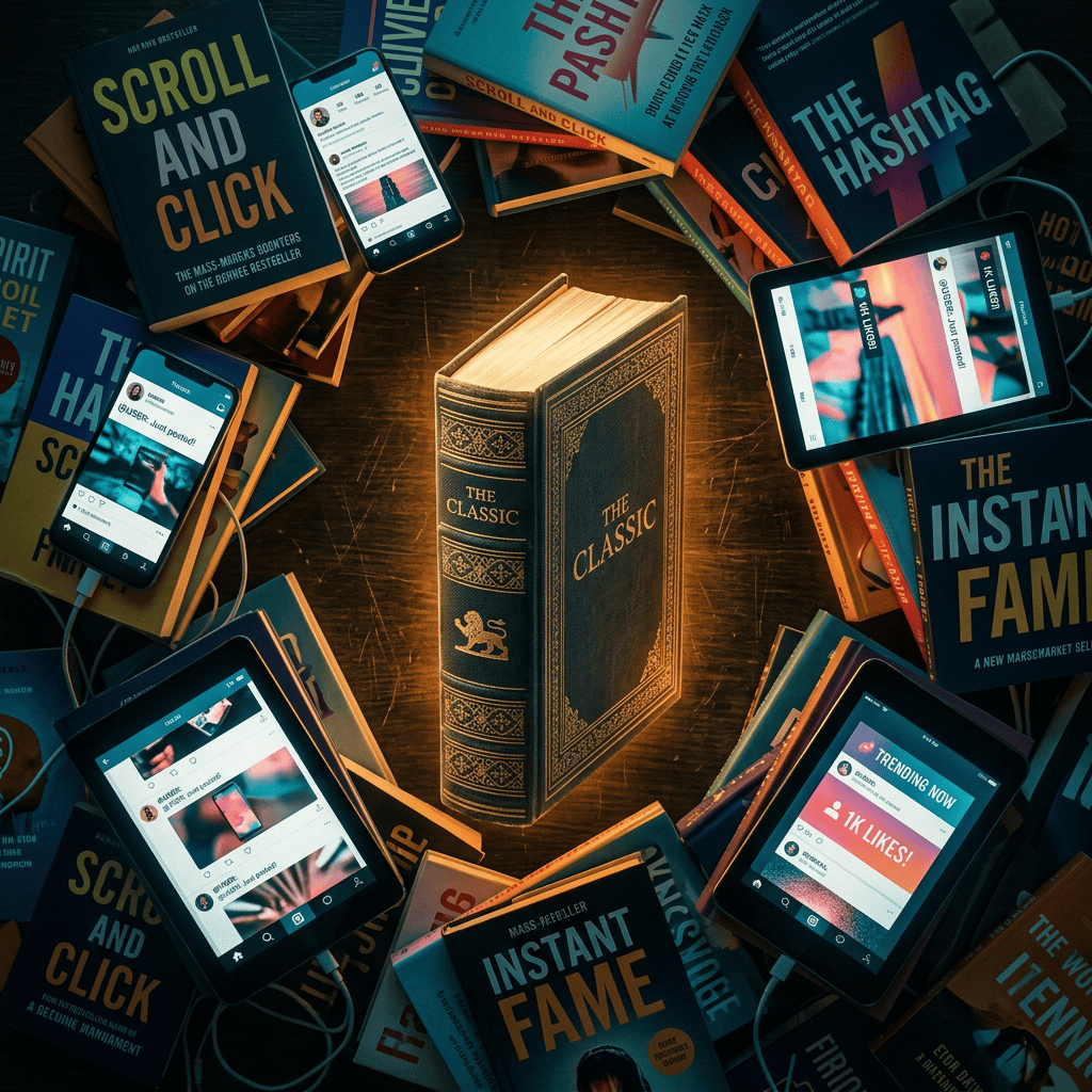 Open classic book surrounded by social media phones and books